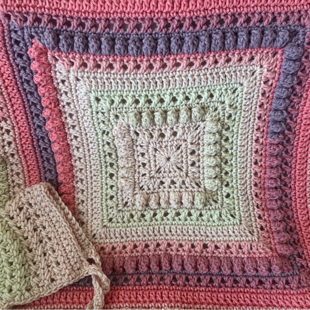 Hand Crafted Pink, Cream & Purple Crochet Baby Blanket with Matching Bonnet
